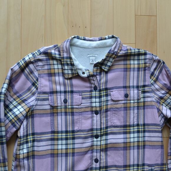 LL Bean Shirt Jacket Shacket Flannel Plaid Pink Sherpa Interior Size Large - Picture 2 of 5